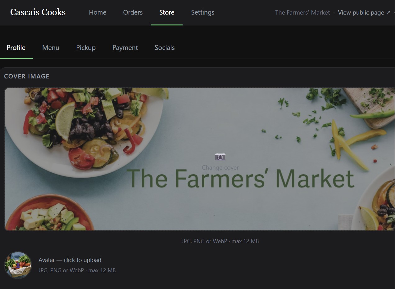 The store editor — add dishes, prices, photos and pickup windows from one dashboard